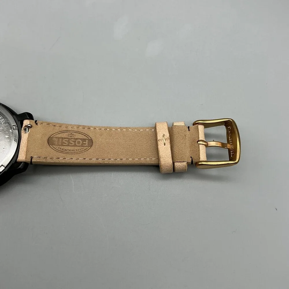 Fossil ES3772 Womens Watch 40mm Gold Tone Beige Leather Crystals New Battery